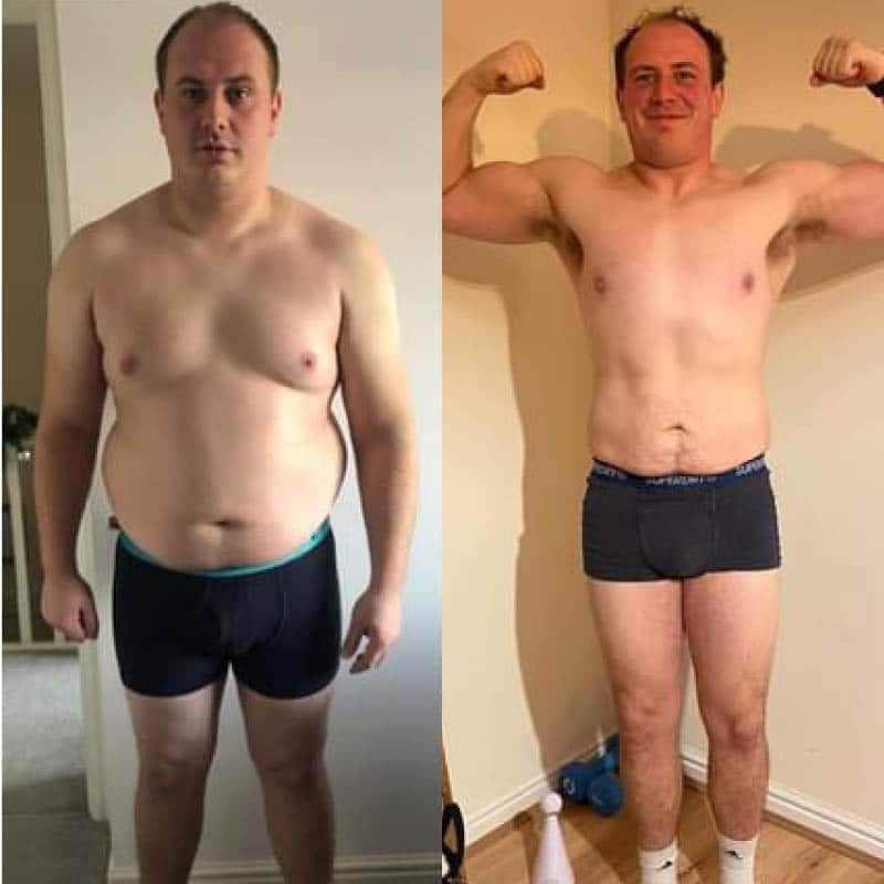 A male client has undergone a huge weight loss transformation and looks fantastic