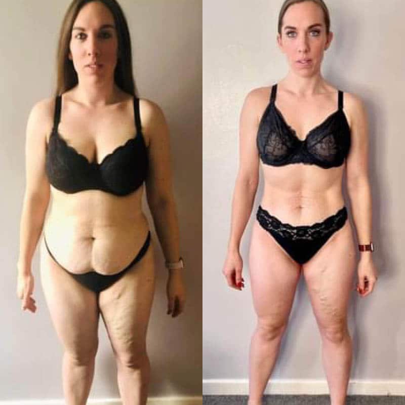 A female client has undergone an impressive weight loss transformation and now looks completely different