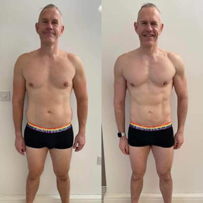 A male client has achieved a body transformation focused on weight loss and toning, resulting in a muscular chest and abs.